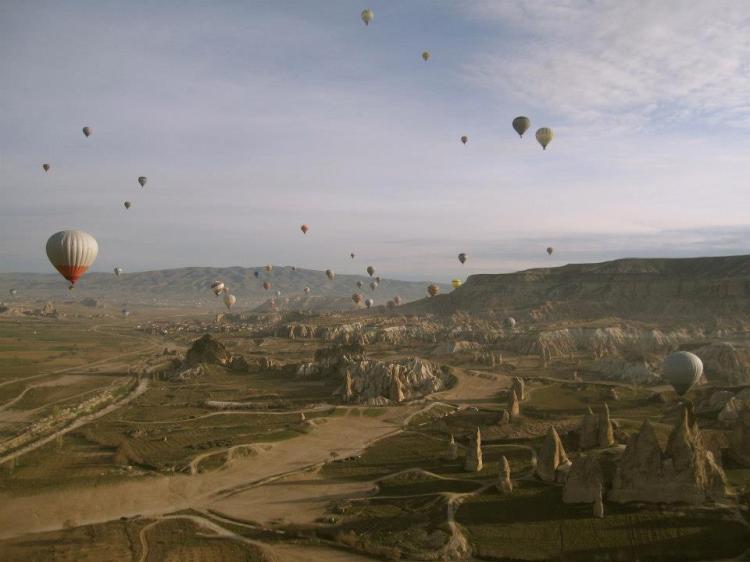 Taken at 6:30am flying in a hot air balloon over Goreme, Turkey, in the heart of Cappadocia.